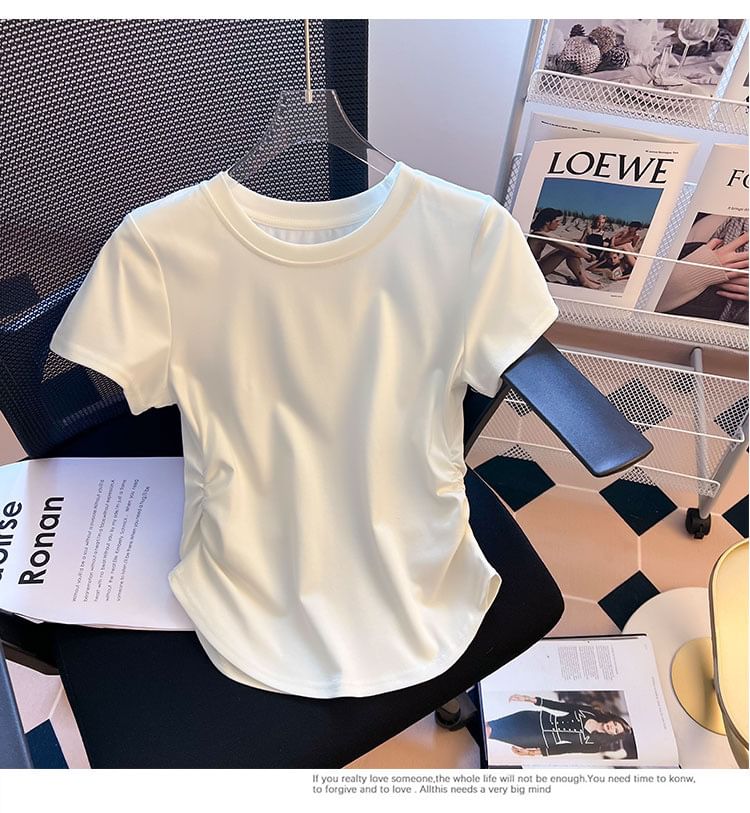 Neck Short-Sleeve Plain Round Ruched Tee