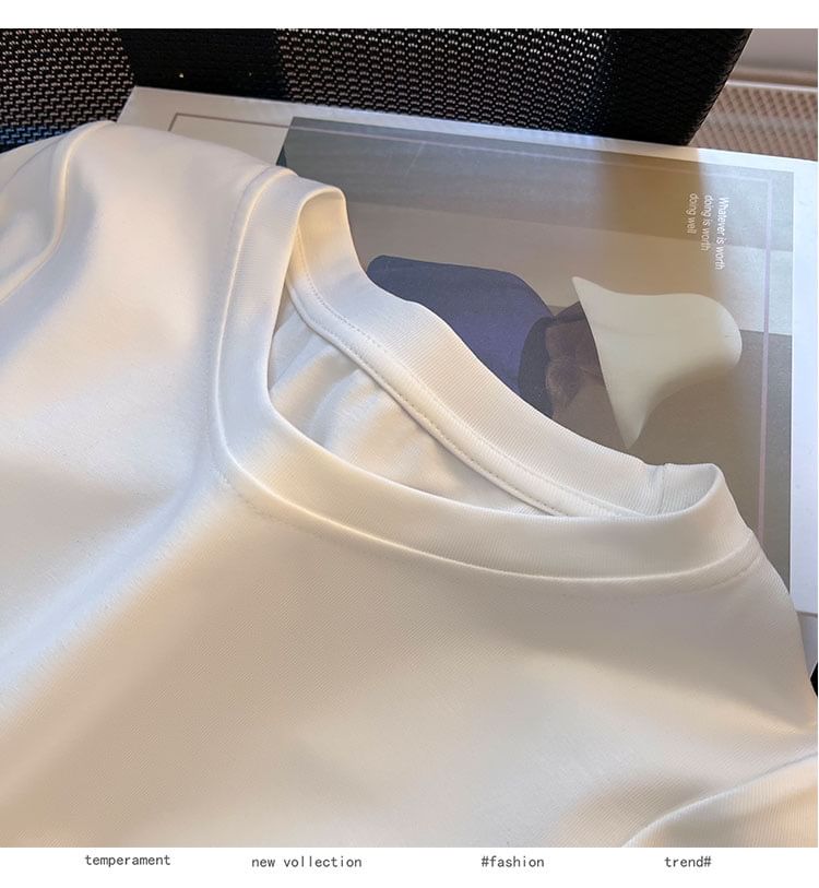 Neck Short-Sleeve Plain Round Ruched Tee