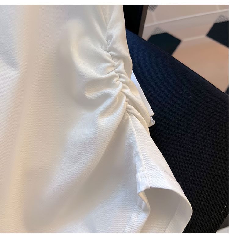 Neck Short-Sleeve Plain Round Ruched Tee