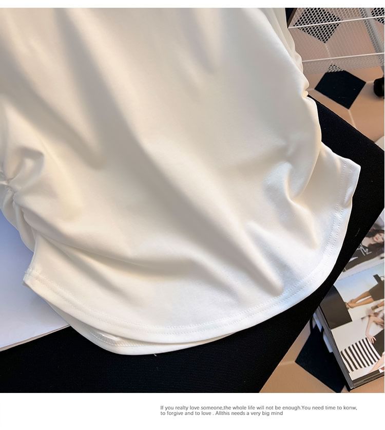 Neck Short-Sleeve Plain Round Ruched Tee