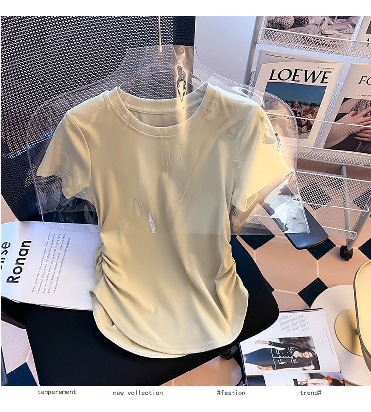 Neck Short-Sleeve Plain Round Ruched Tee