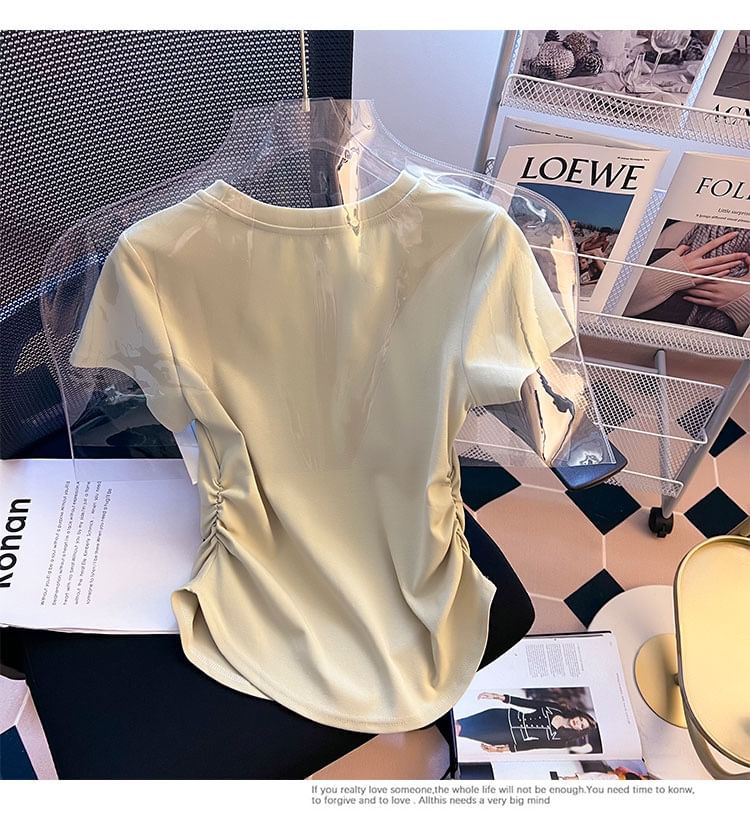 Neck Short-Sleeve Plain Round Ruched Tee