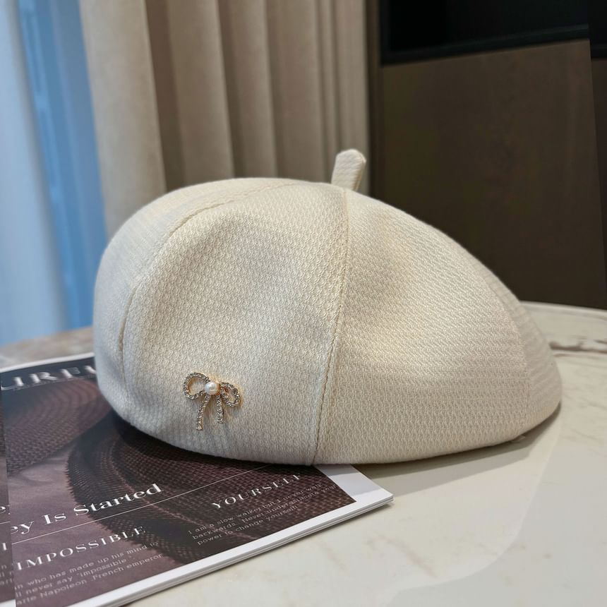 Beret Rhinestone Pearl Bow Faux