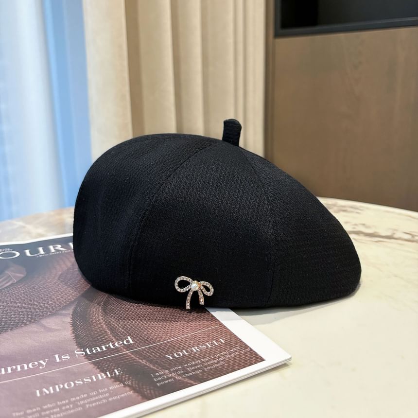 Beret Rhinestone Pearl Bow Faux