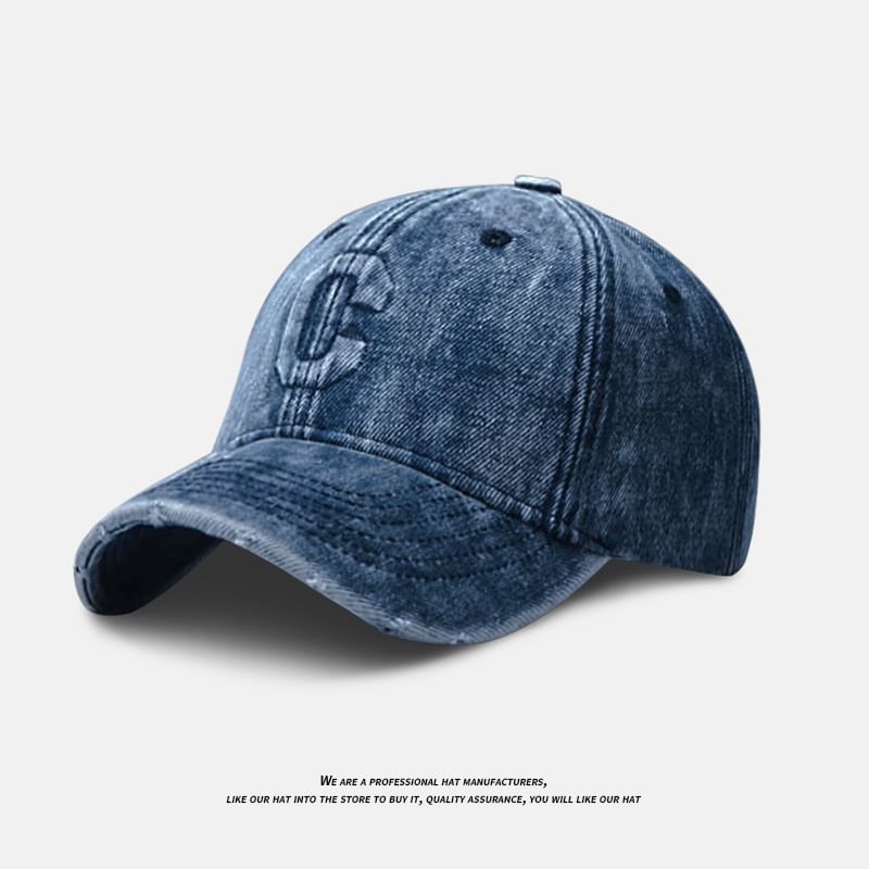 Distressed Embroidered Washed Baseball Lettering Cap Denim