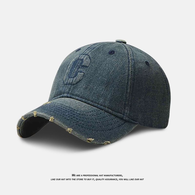 Distressed Embroidered Washed Baseball Lettering Cap Denim