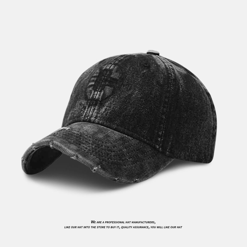 Distressed Embroidered Washed Baseball Lettering Cap Denim