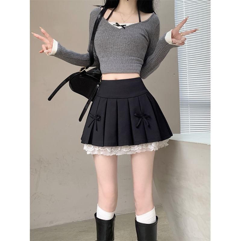 Mini High Skirt Waist Pleated Lace Panel A-Line Bow