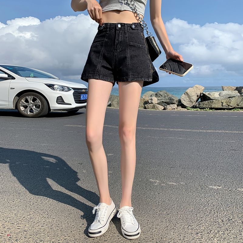 High Waist Washed Zip Denim Print Lettering Slit Shorts