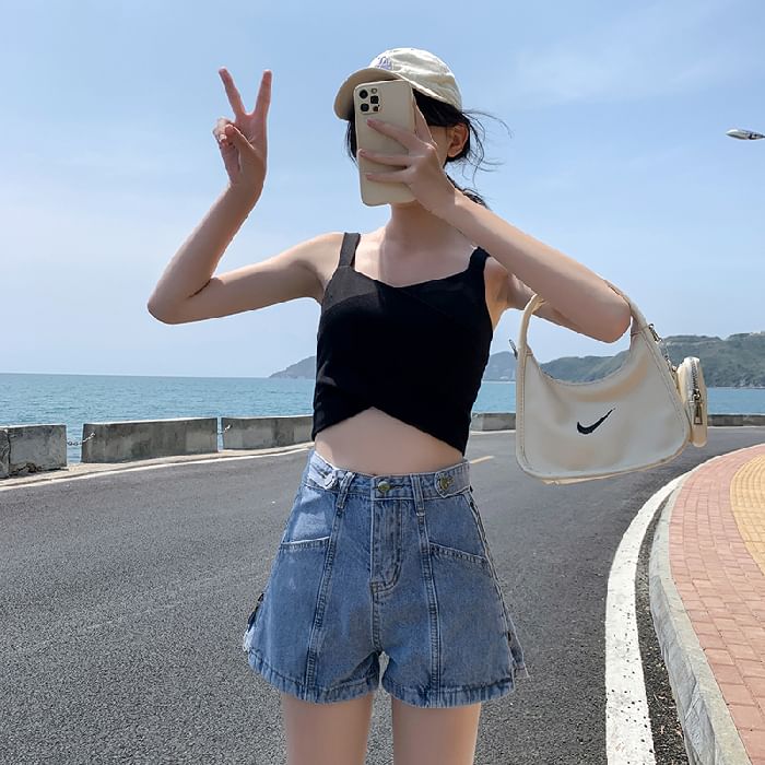 High Waist Washed Zip Denim Print Lettering Slit Shorts