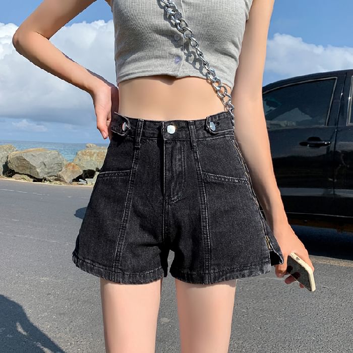 High Waist Washed Zip Denim Print Lettering Slit Shorts