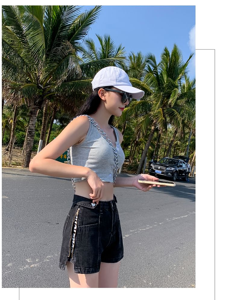 High Waist Washed Zip Denim Print Lettering Slit Shorts