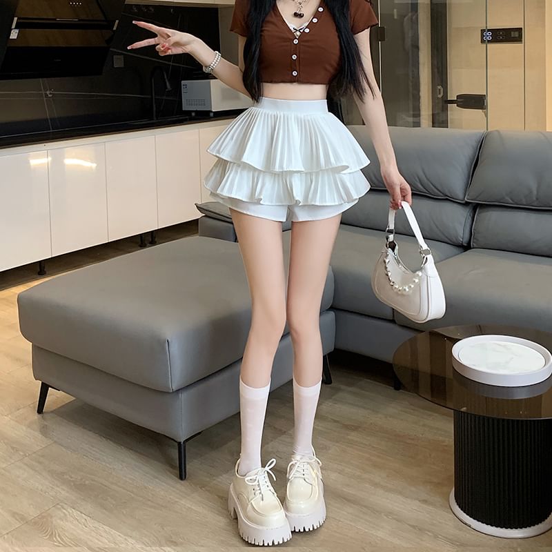 A-Line High Skirt Mini Ruffle Pleated Plain Accordion Waist