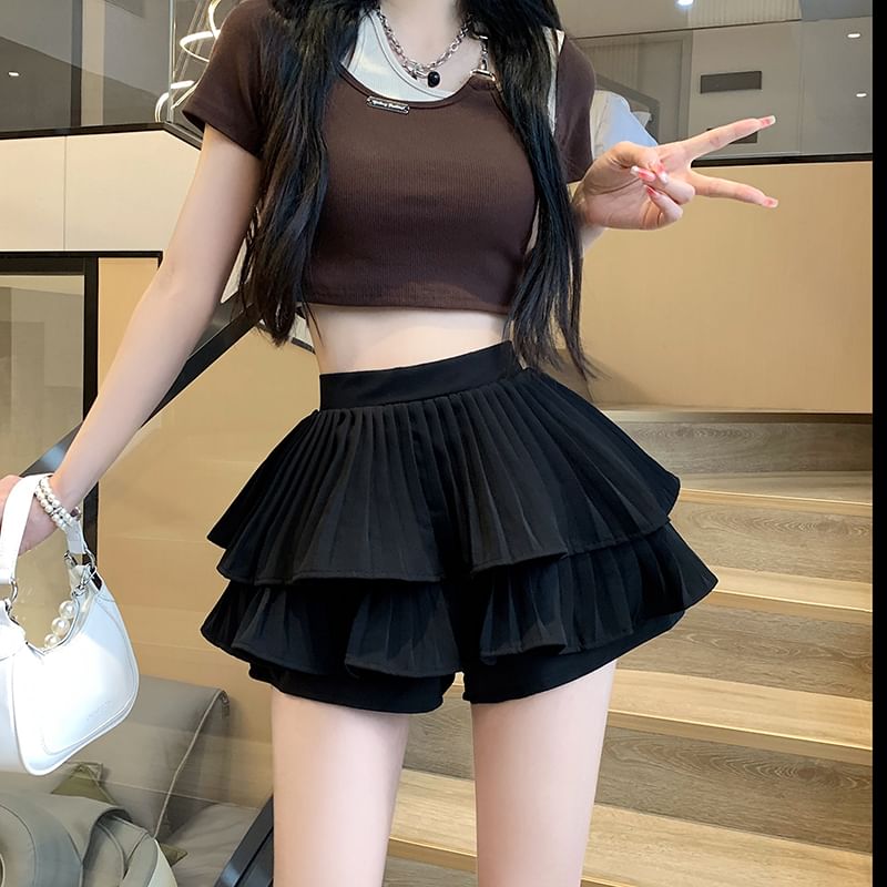 A-Line High Skirt Mini Ruffle Pleated Plain Accordion Waist