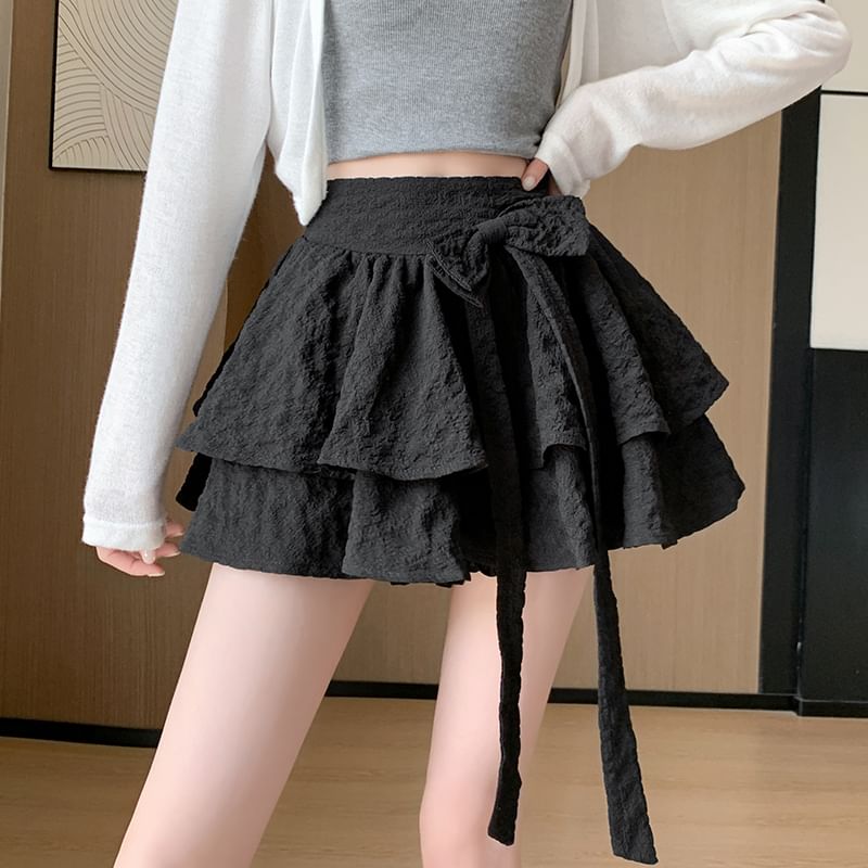 Skirt Waist High Bow Plain Mini A-Line Ruffle