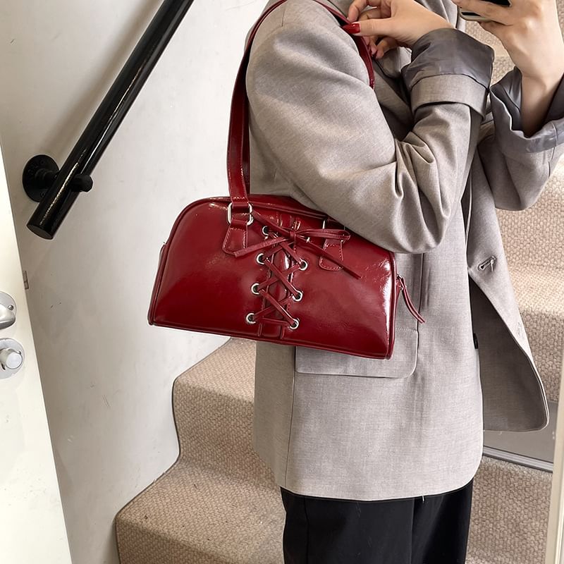 Shoulder Faux Lace-Up Bag Leather