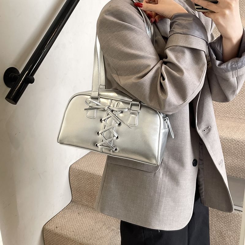 Shoulder Faux Lace-Up Bag Leather