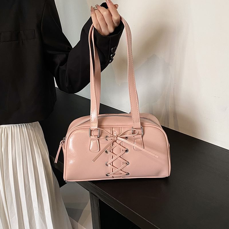 Shoulder Faux Lace-Up Bag Leather