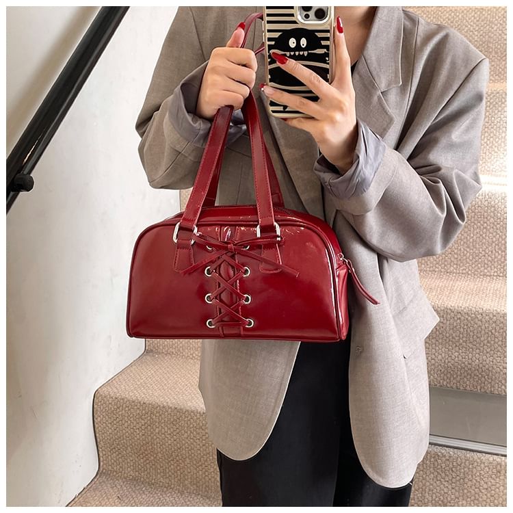 Shoulder Faux Lace-Up Bag Leather