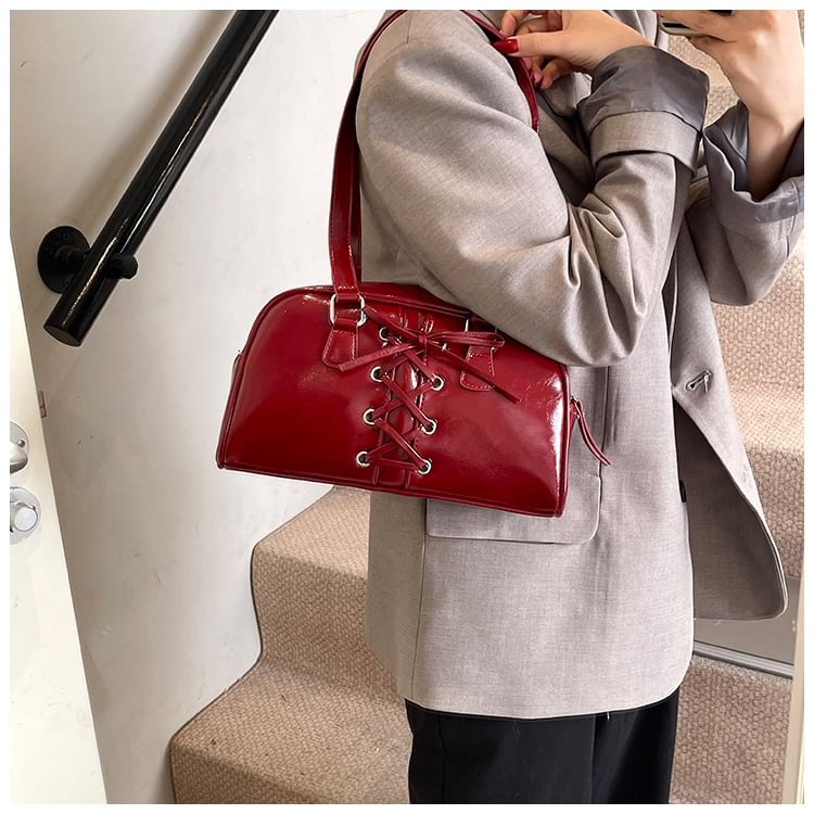 Shoulder Faux Lace-Up Bag Leather