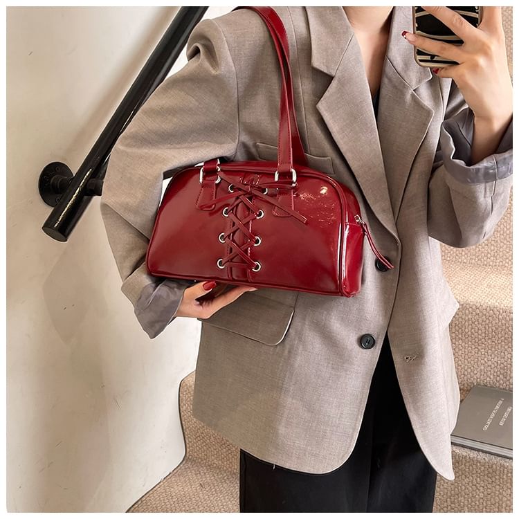 Shoulder Faux Lace-Up Bag Leather