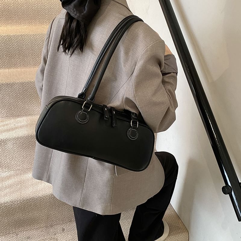 Leather Plain Shoulder Bag Faux