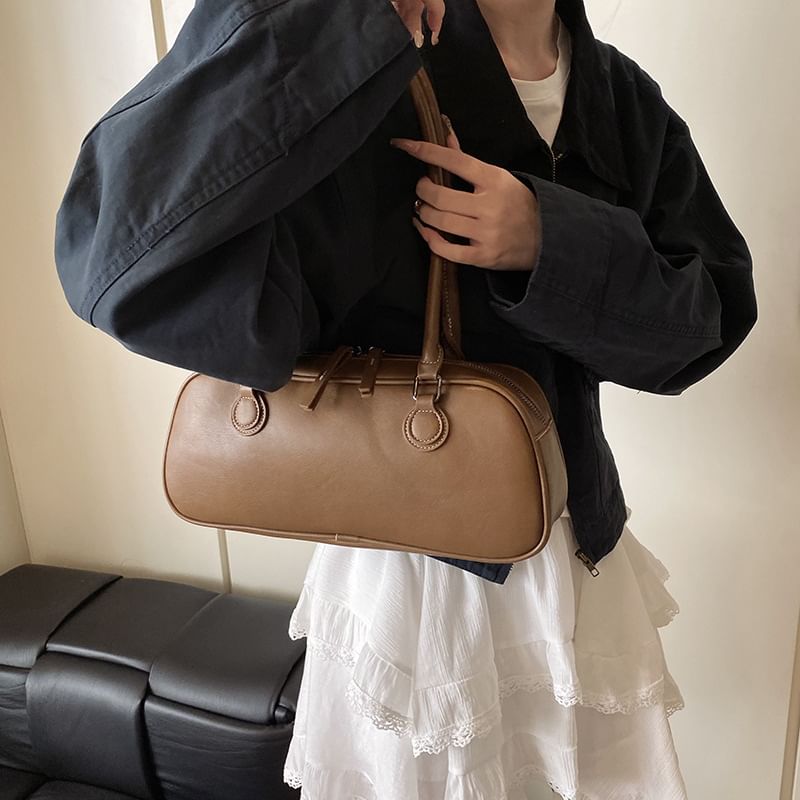 Leather Plain Shoulder Bag Faux