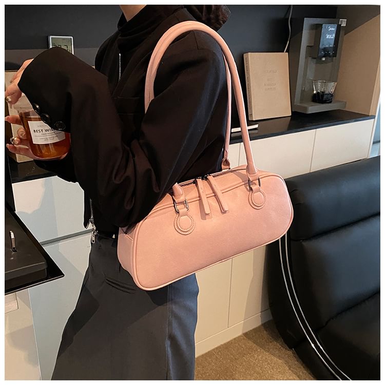 Leather Plain Shoulder Bag Faux