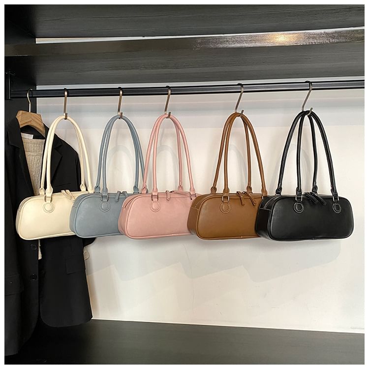 Leather Plain Shoulder Bag Faux