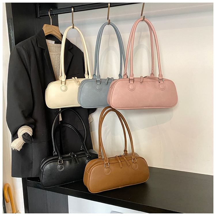 Leather Plain Shoulder Bag Faux