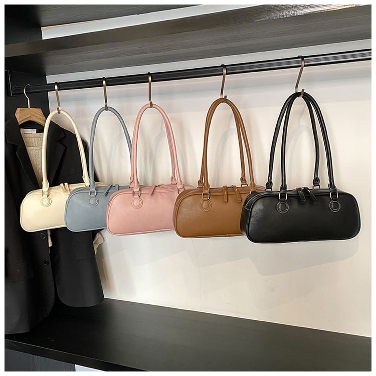 Leather Plain Shoulder Bag Faux