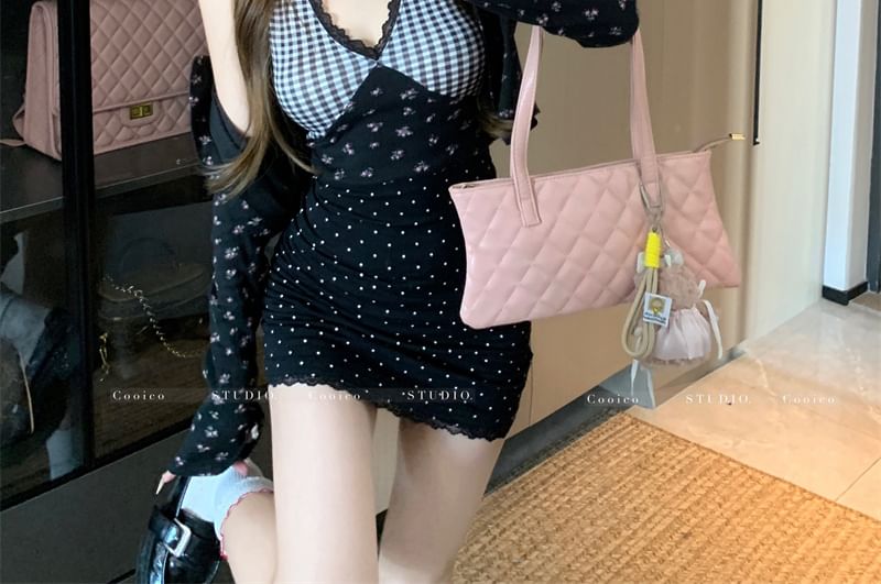 / Panel Mini Dress Plaid Cami Print Cardigan Floral Top Crop