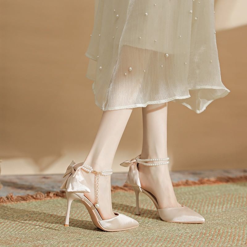 Strap Bow Sandals Stiletto Faux Heel Pearl