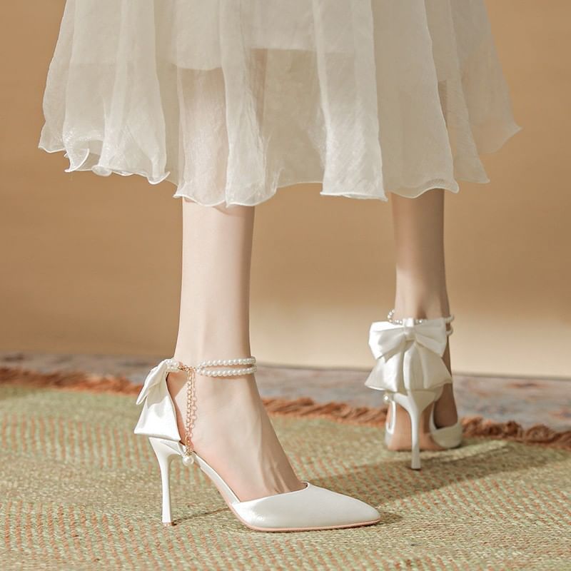 Strap Bow Sandals Stiletto Faux Heel Pearl