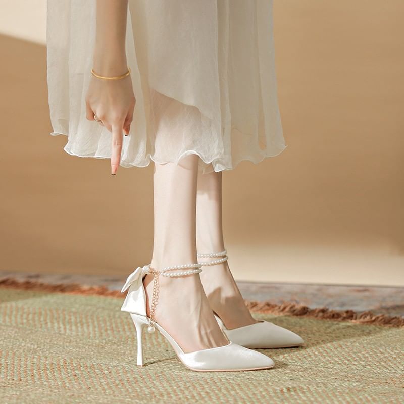 Strap Bow Sandals Stiletto Faux Heel Pearl