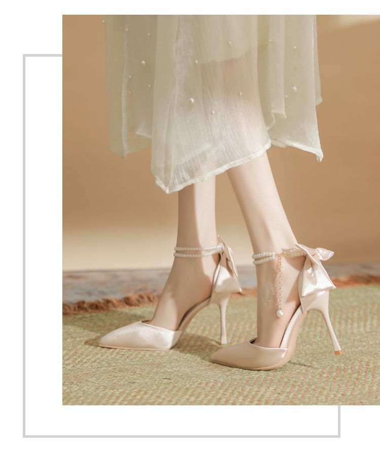 Strap Bow Sandals Stiletto Faux Heel Pearl