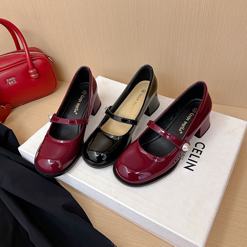 Block Jane Toe Round Pumps Mary Heel