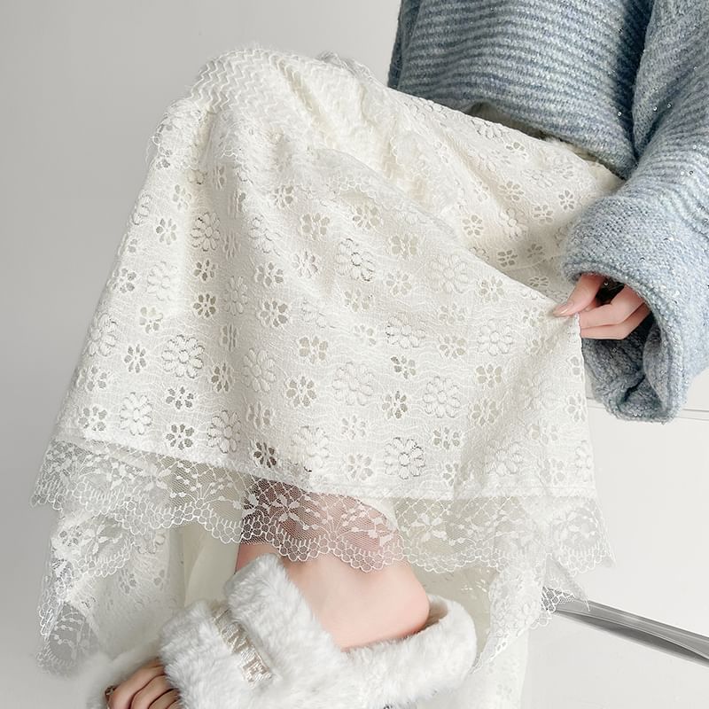 Panel Lace A-Line High Waist Plain Midi Skirt