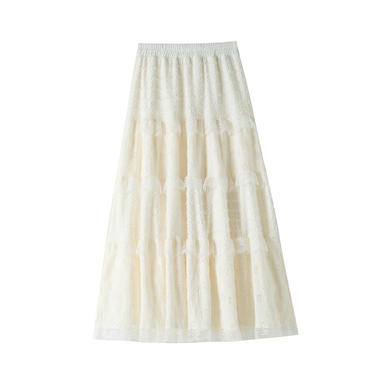 Panel Lace A-Line High Waist Plain Midi Skirt