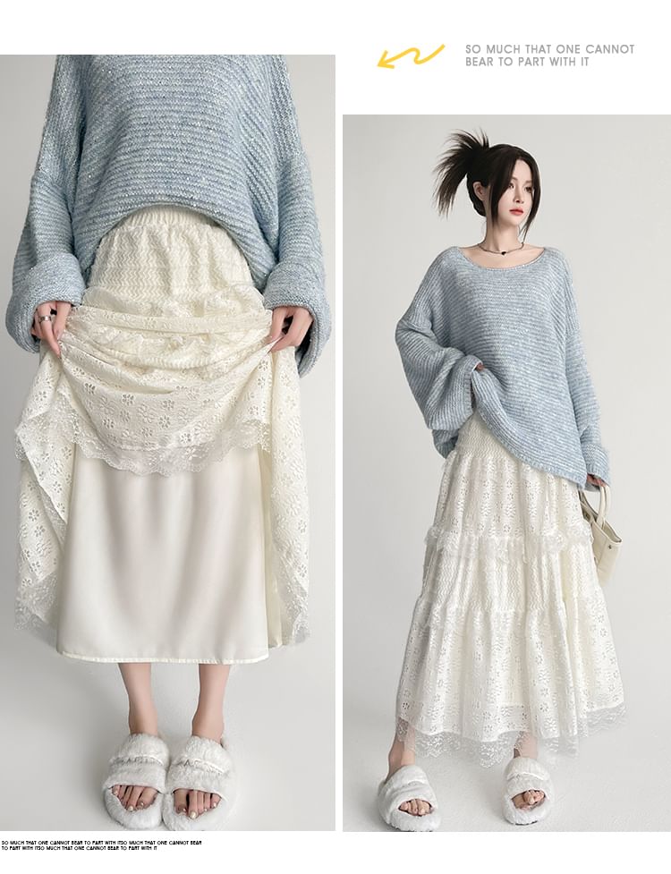 Panel Lace A-Line High Waist Plain Midi Skirt