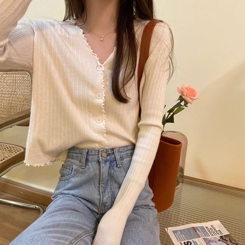 Cardigan Ribbed Knit V-Neck Plain Cropped