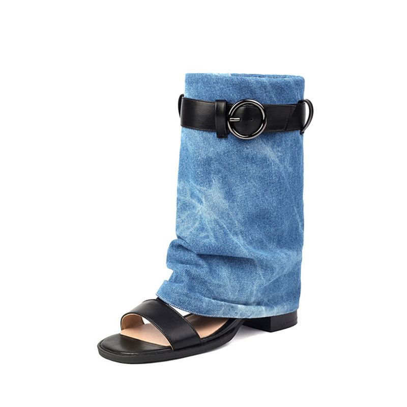 Washed Block Boots Short Heel Thong Denim