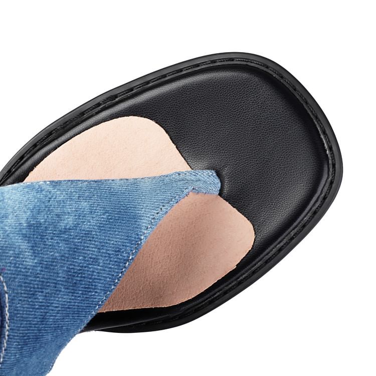 Washed Heel Denim Tall Chunky Thong Boots