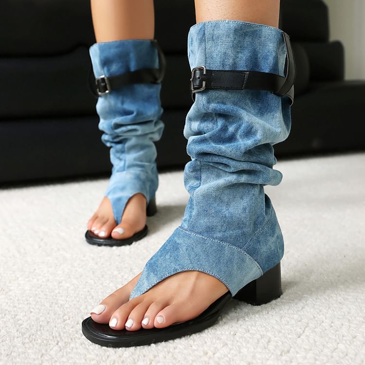 Washed Heel Denim Tall Chunky Thong Boots