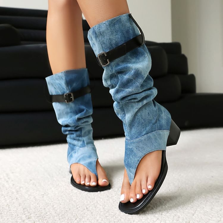 Washed Heel Denim Tall Chunky Thong Boots