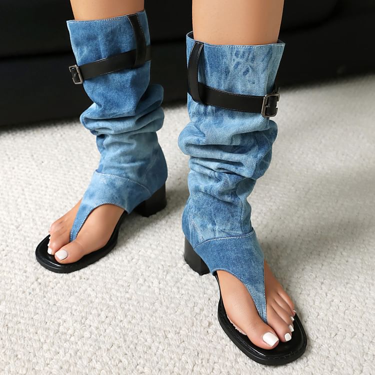 Washed Heel Denim Tall Chunky Thong Boots