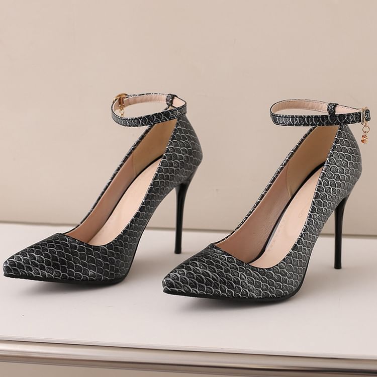 Scale Patterned Pumps Ankle Strap Heel Fish Stiletto