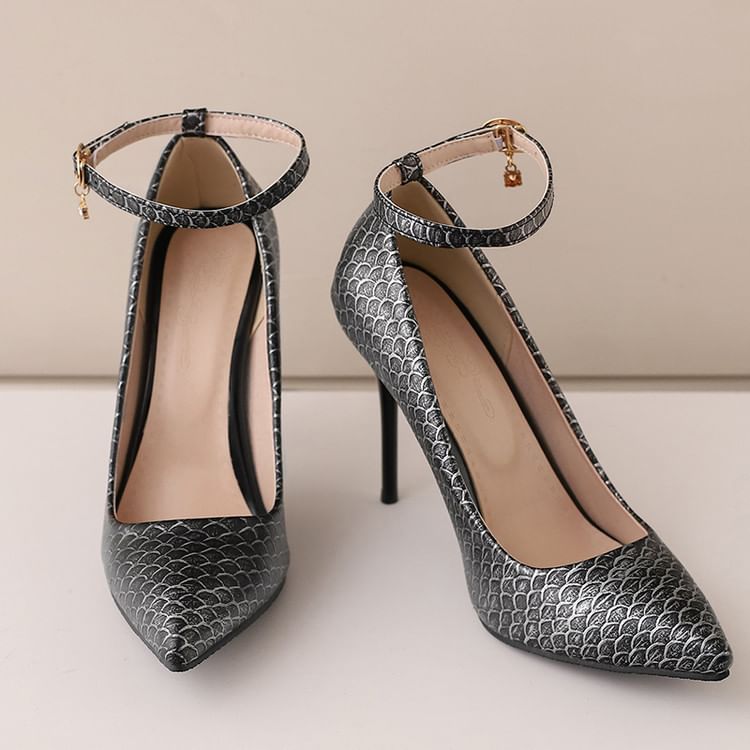 Scale Patterned Pumps Ankle Strap Heel Fish Stiletto
