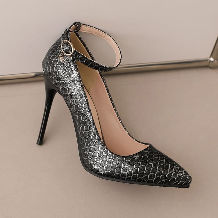 Scale Patterned Pumps Ankle Strap Heel Fish Stiletto