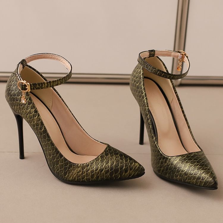 Scale Patterned Pumps Ankle Strap Heel Fish Stiletto